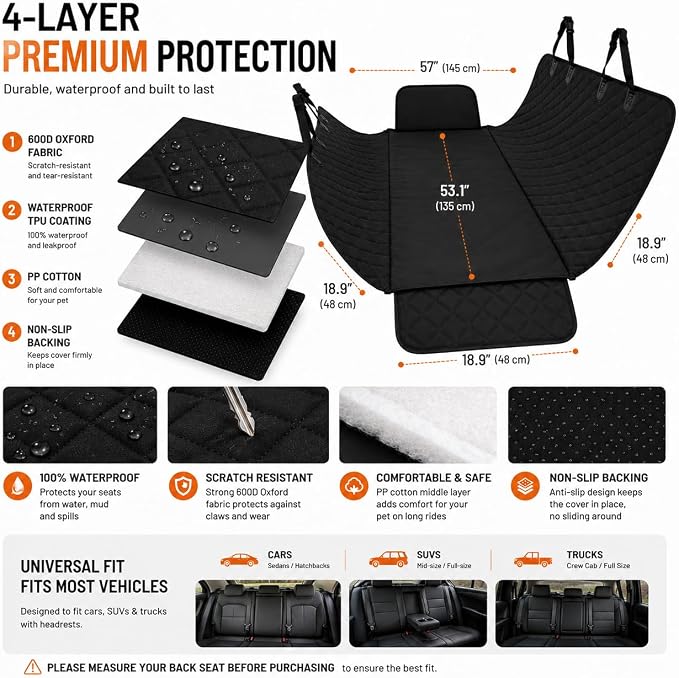 Dog Car Seat Cover for Back Seat - 100% Waterproof Hammock with Side Flaps, Non-Slip Pet Seat Protector, Scratch Resistant Heavy Duty Oxford Fabric, Fits Cars, Trucks & SUVs