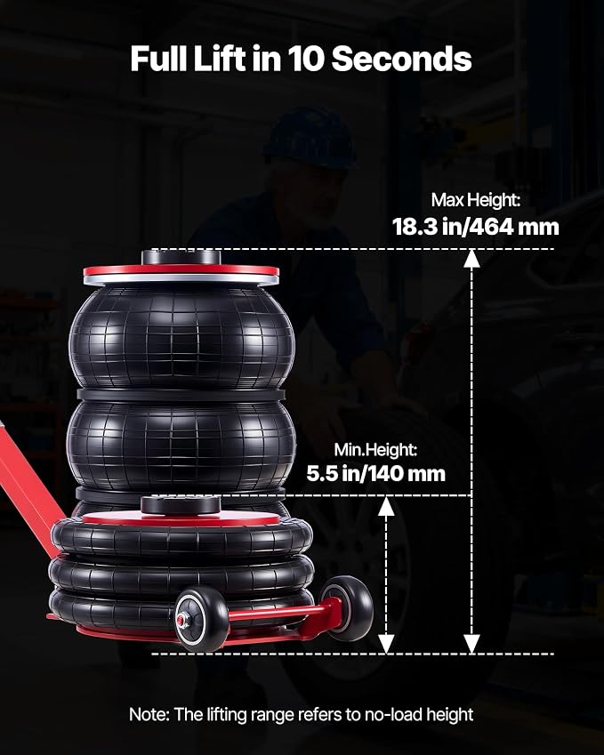 Air Jack, 5 Ton/11023 lbs Triple Bag Air Jack, Airbag with Six Steel Pipes, Lift Up to 18.3 inch/464 mm, 4-10 s Fast Lifting Pneumatic with Adjustable Long Handle for Cars, SUVs, Pickup Trucks