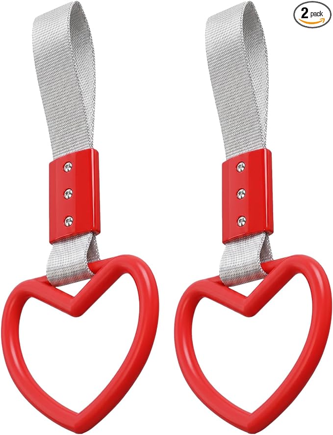 2PCS Heart Shaped Car Handle Straps, Rear Bumper Warning Keychain Ring for Car Exterior Accessories (Red-Silver)