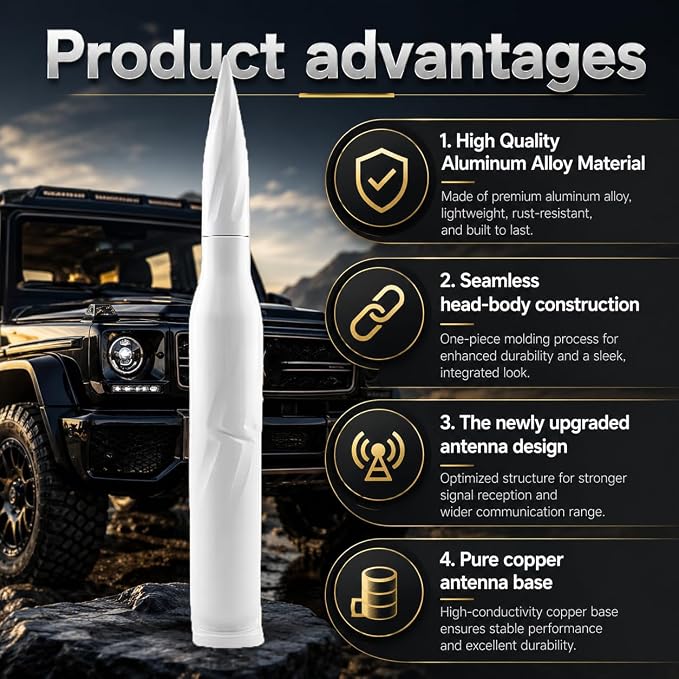 5.5 Inch Bullet White Spiral Truck Antenna, Rustproof Aluminum Alloy Short AM FM Radio Antenna, Easy Install OEM Replacement Fit for Ford F Series, Dodge RAM, Chevy Silverado GMC Pickup Trucks