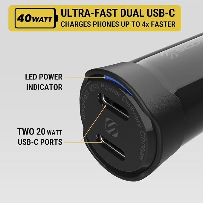 CPDCC40M PowerVolt 40W Certified Dual Port USB-C Car Charger, Flush Cigarette Lighter Adapter, Fast Charging Car Plug for 12V Power Outlet Compatible with iPhone, Galaxy and All USB-C Devices