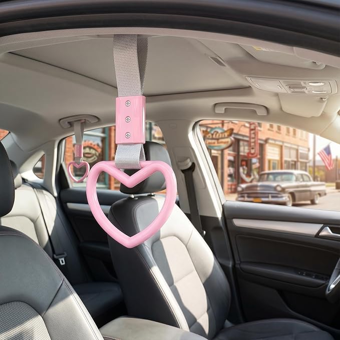 2 Pcs Heart Shaped Car Handle Strap – JD M Drift Charm Rear Bumper Warning Ring Decor for Car Interior Exterior, Subway Bus Handle Accessory, Cute Heart Car Decor Gift for Drivers (Pink-Silver)