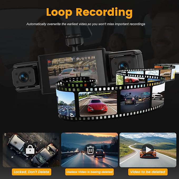 Dash Cam 3 Inch 1080P 4 Channel Dash Camera for Cars with Driving Loop Recording, Exposure Compensation, Motion Detection, Reverse Help, 360 Degree Protection