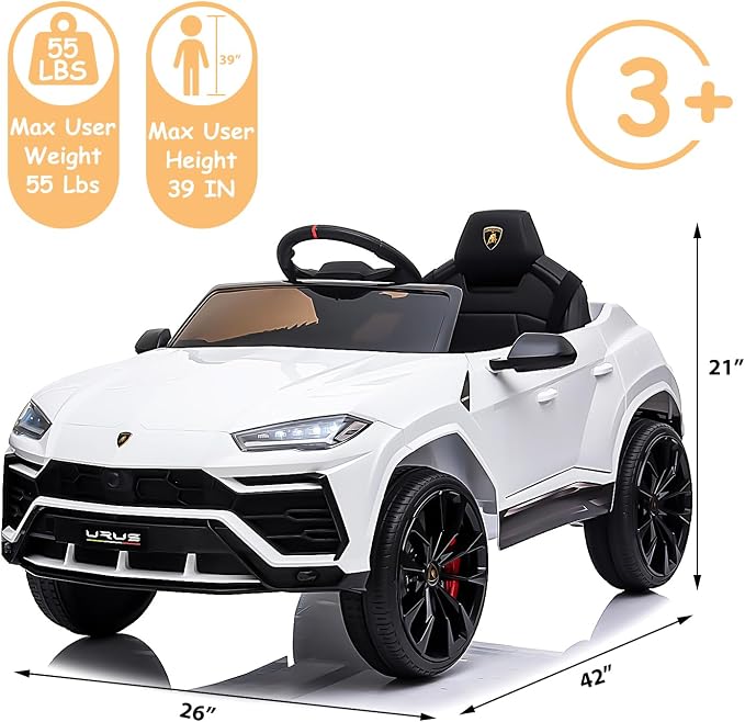 Electric Car for Kids 12V Licensed Lamborghini Ride On Car with Remote Control,Max Speed 2.5Mph,LED Lights,Music Players,Opening Doors,Spring Suspension,Toddler Cars to Drive (White)