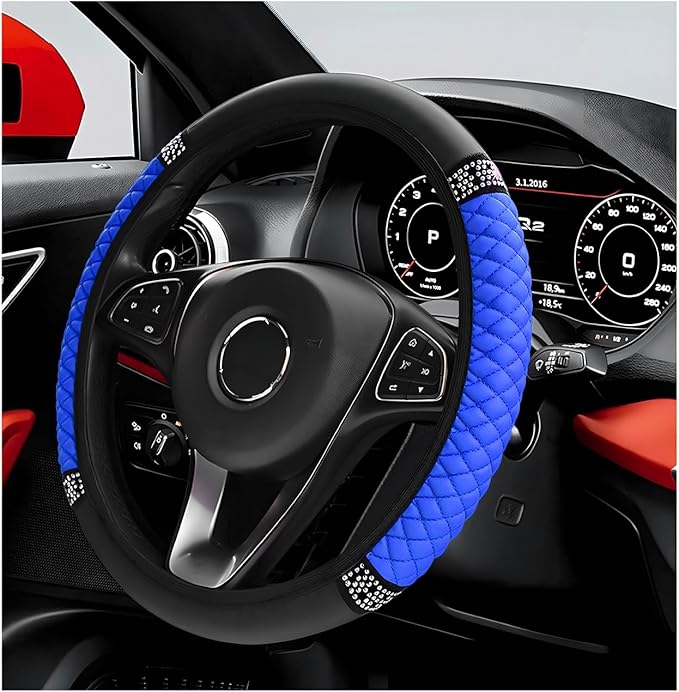 Bling Car Steering Wheel Cover, 15 Inch Sparkly Rhinestone Soft Leather Steering Wheel Protector, Non-Slip Universal Auto Elastic Steering Wheel Covers for Women Girls (Blue)