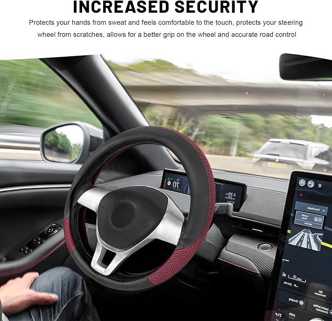 Sun Walker Steering Wheel Cover, 15 inch Breathable Steering Wheel Protector with Anti-Slip Lining, Comfortable Wheel Wrap Cover for Most Vehicles, Universal Car Accessories (Red)