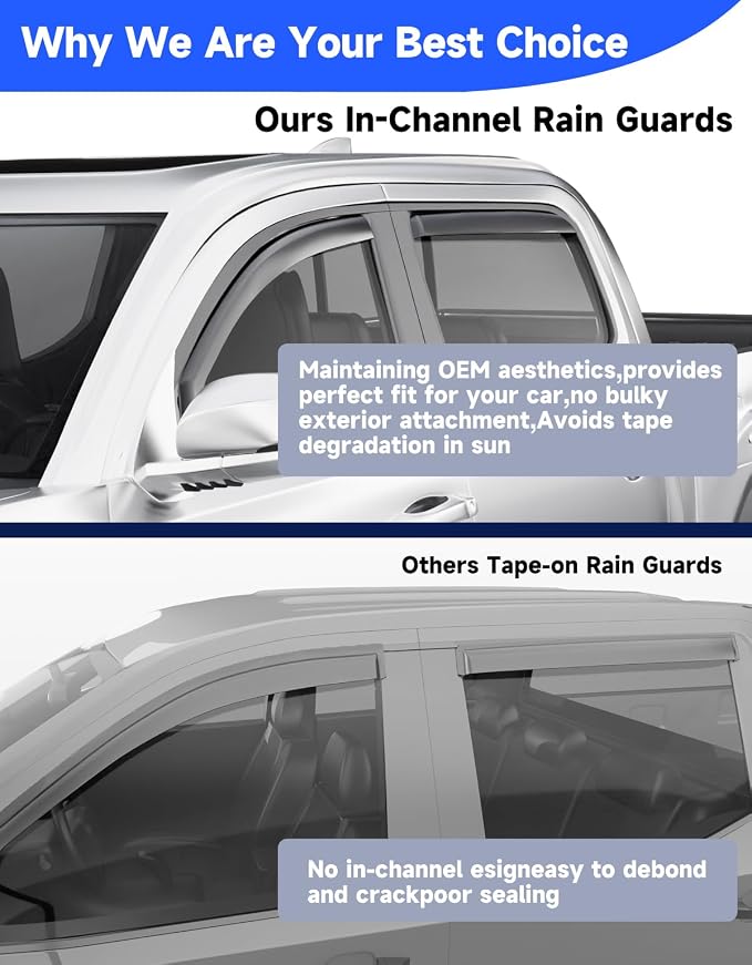 in-Channel Window Visors Rain Guards for 2016-2023 Toyota Tacoma Double Cab, Window Vent Wind Deflectors Visors Window Deflector Vent Shades Car Accessories -4 pcs