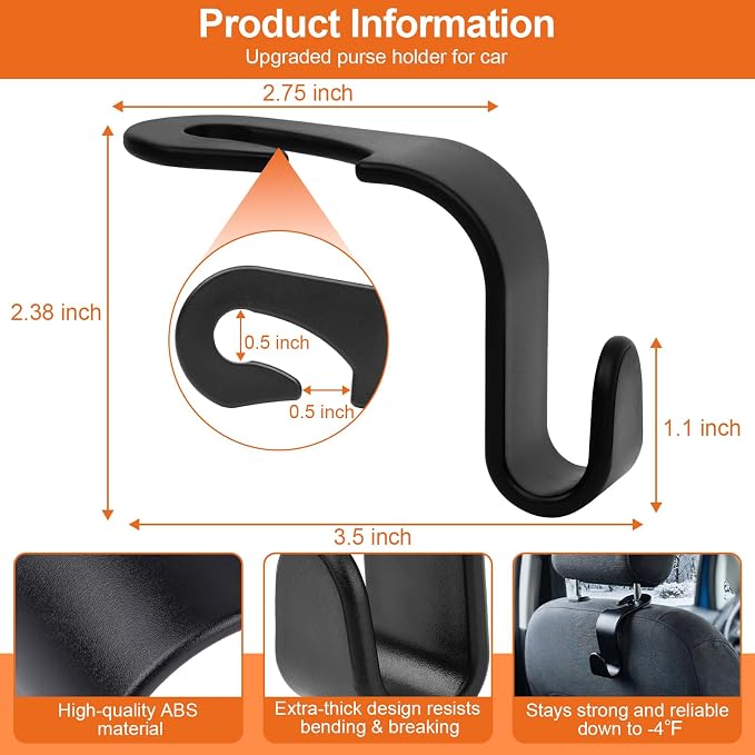 Purse Hook for Car 4 Pack, Deep Anti-Drop Car Seat Hooks for Headrest, Thick ABS Plastic Holds 55 Lbs, Heavy Duty Car Purse Holder & Car Accessories Interior for Handbags, Car Organizer Black