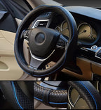 Steering Wheel Covers Universal 15 inch - Genuine Leather, Breathable, Anti Slip & Odor Free (Black with Blue Lines, M(14" 1/2-15" 1/4))