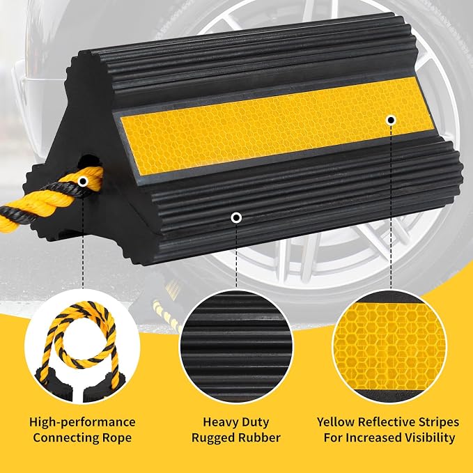 Heavy Duty Rubber Wheel Chocks, 1 Pair, 8.3" L x 4.4" W x 4" H, Non-Slip Tire Stopper Blocks with Rope, for RV Camper Travel Trailers Motorhome Aircraft Car Truck