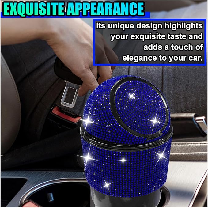 Bling Car Trash Can with Lid, Rhinestone Leakproof Waterproof Auto Cup Holder Garbage Bin, Portable Multipurpose Vehicle Dustbin and Organizer for Home Office Kitchen Bedroom (Blue)