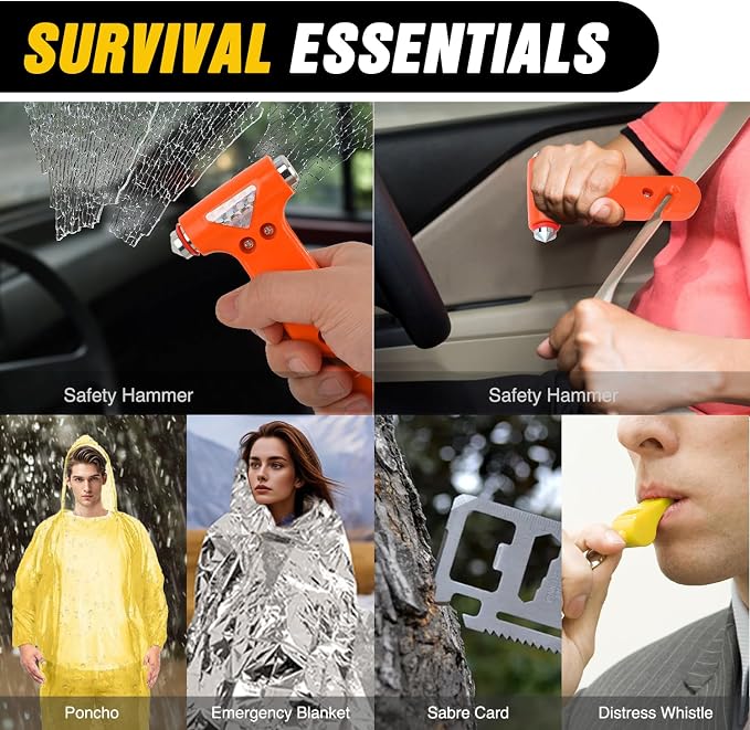 Car Emergency Kit with Jumper Cable, First Aid Kit Safety Assistance Tools for Travel Camping Outdoor Cars Truck SUV RV, Roadside Essentials with Flash Light