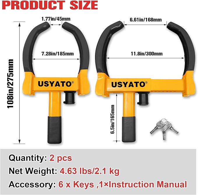 2Pcs Universal Heavy Duty Wheel Lock-Anti Theft Trailer Lock & Car Boot, Adjustable Security Tire 11.4" for Trailers, Cars, Golf Cart, ATV, SUV, RV, Boat, Camper, Motorcycle,6 Keys,Yellow+Black