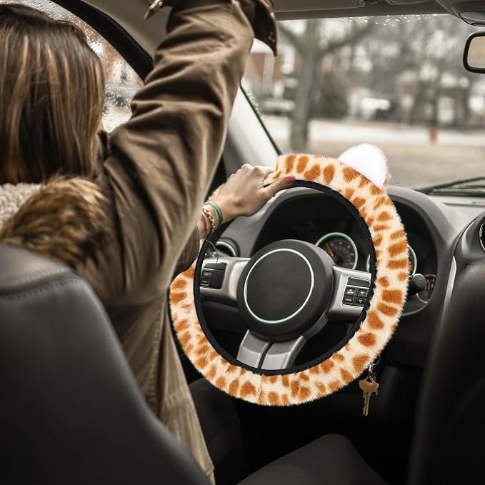 Fuzzy Leopard Print Car Steering Wheel Cover Women Car Accessories | Soft Furry, Non-Slip, Elastic Steering Wheel Covers, Universal 15 Inch Fit Auto, Suvs, Truck