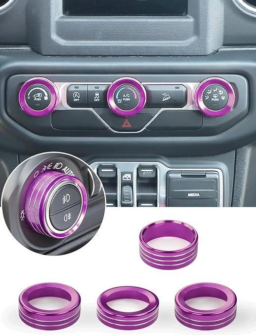 HVAC Climate Control Panel Knob Trim Kit & Light Control Switch Cover, Air Conditioner Knob Aluminum Alloy Ring for 2018-2024 Jeep Wrangler JL JLU & Gladiator JT, Interior Accessories,Purple
