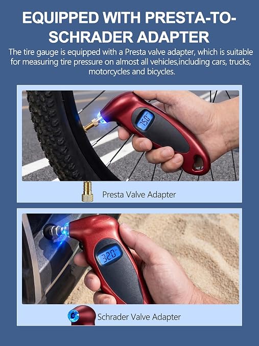 Digital Tire Pressure Gauge 150 PSI, Accurate in 0.1 Increments,1 Pack Tire Pressure Gauge with Backlight LCD, 4 Units (PSI/Bar/Kgf/cm²/KPA) Applicable to Car Truck Bicycle, Red
