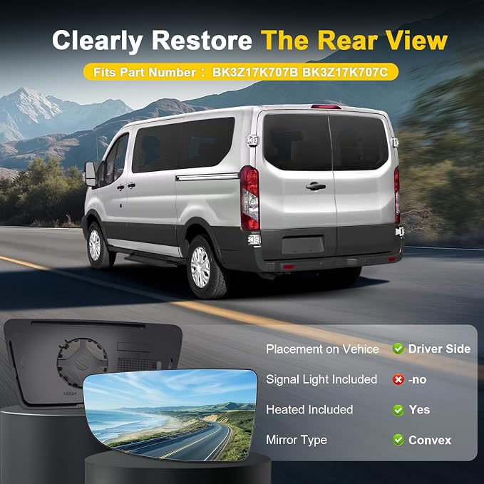 Driver Lower Side Mirror Glass Compatible with 2015-2025 Ford Transit 150 250 350 2023-2025 E-Transit Replace BK3Z17K707B BK3Z17K707C