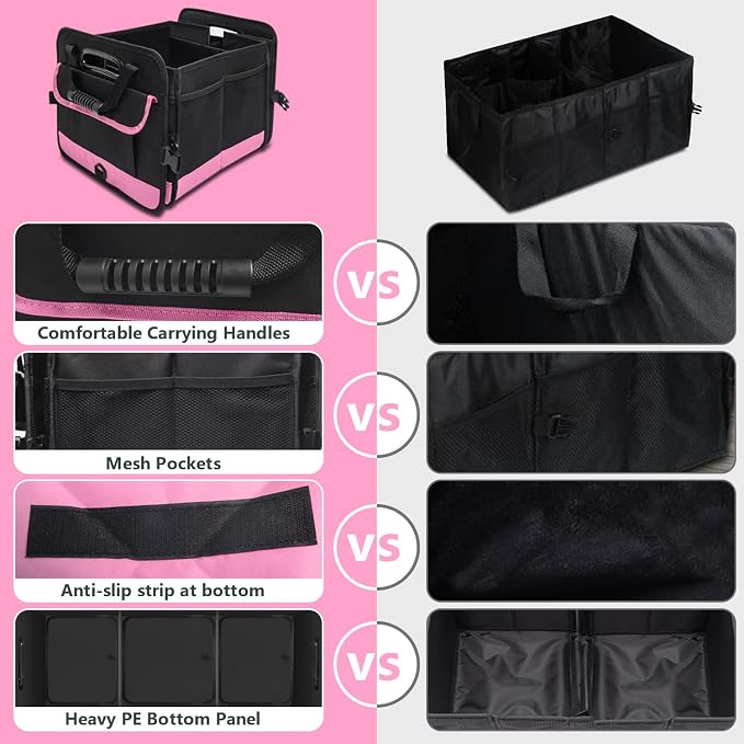 Trunk Organizer for Car, 95L Large Capacity Trunk Storage with Non-Slip Bottom Strips, Cargo Organizer for Suv, Truck, Sedan, Waterproof Portable Car Organizers for Women Men(Pink)