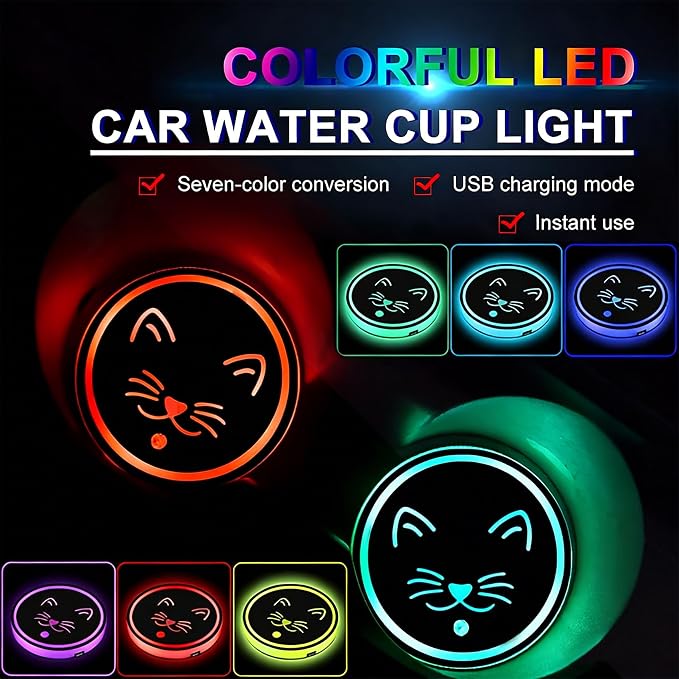 2Pcs Heart Dog Paw LED Car Cup Holder Coasters 7 Colors Lights Up Cups | with USB of Car Accessories for SUV Trucks Sedans,Waterproof Interior Atmosphere Lamp,Gifts for Women Men Pet Love