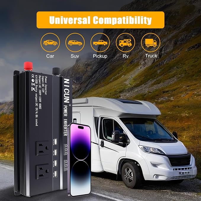 1200W Power Inverter, 12v to 110V AC Car Inverter with Fast Charging 2.4A USB and 3 AC Outlets Ideal for Road Trips, Camping, RV, Truck, Solar, and Vehicle Power Needs