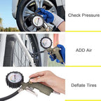 Tire Inflator with Pressure Gauge, 0-220PSI Dial Wheel Air Tire Pressure Gauge, Heavy Duty Rubber Hose with Quick Coupler, Air Compressor Tire Inflator Attachment for Cars Motorcycle Bike
