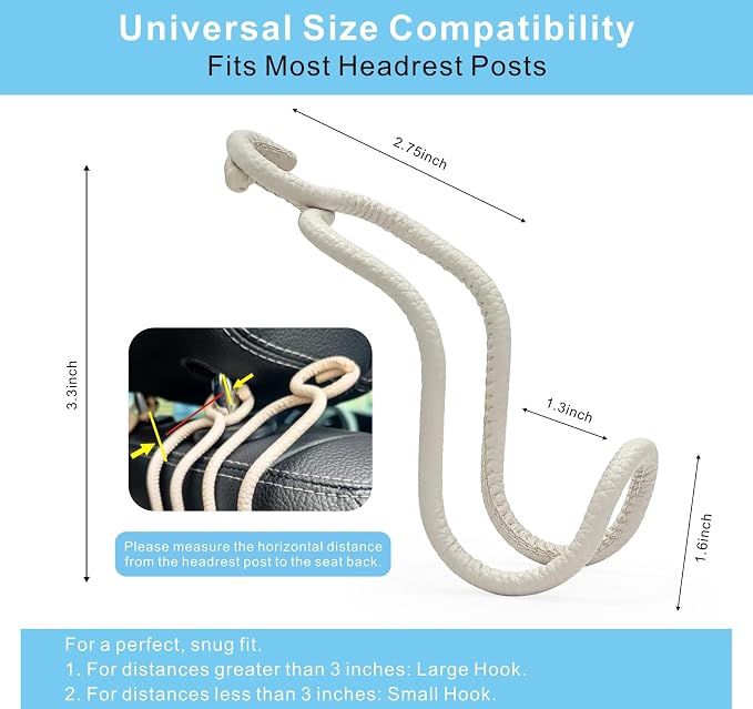Car Seat Back Organizer Hooks 2 Pack with Anti-Drop Loop - Beige Leather/2S | Space Saving Car Headrest Hangers for Women Men, Universal Car Bag Holder for SUV Truck for Front and Back Seat Storage