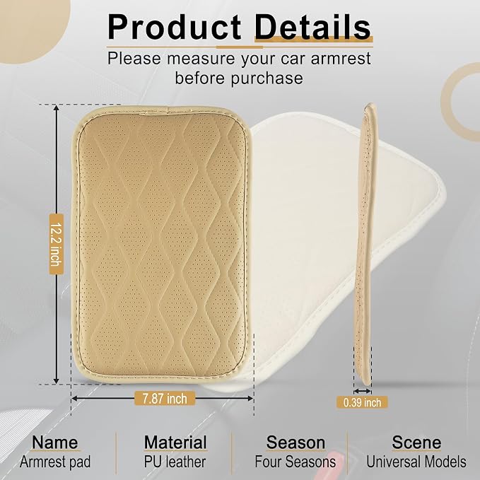 Car Center Console Cover, Leather Car Armrest Cushion, Universal Waterproof Cushion Pad, Non-Slip Car Interior Accessories, Fits Most Sedans SUVs Trucks (Light Beige)