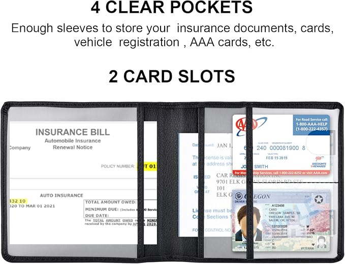 Car Registration and Insurance Holder, Vehicle Glove Box Car Organizer Men Women Wallet Accessories Case for Cards, Essential Document, Driver License, Black