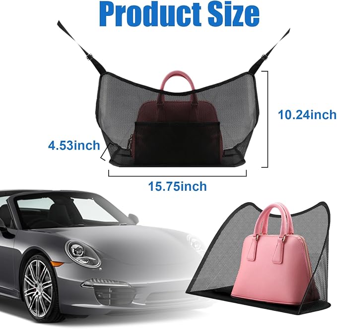 Car Net Pocket Handbag Holder, Organizer Mesh Bag Between Two Seat, Driver Storage Netting Pouch for Handbag Purse, Barrier of Backseat Pet Kids, Car Accessories for Women Men (Black)
