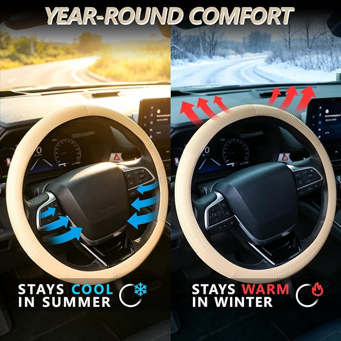 Car Steering Wheel Cover for Women, Soft Silicone Wavy Stripe Texture Auto Interior Accessories, Universal Fit 14 15 16 Inch Round & D-Shape Wheels, Cream Beige