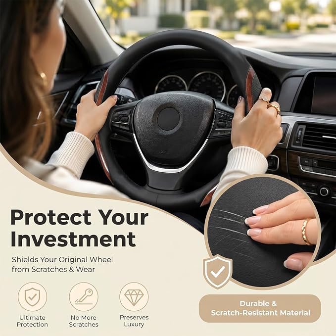 Black Steering Wheel Cover Wood Grain Leather Universal 14.5"-15" | Wood Car Steering Wheel Covers with Coasters Microfiber Breathable Anti-Slip Durable Steering Wheel Accessories Set