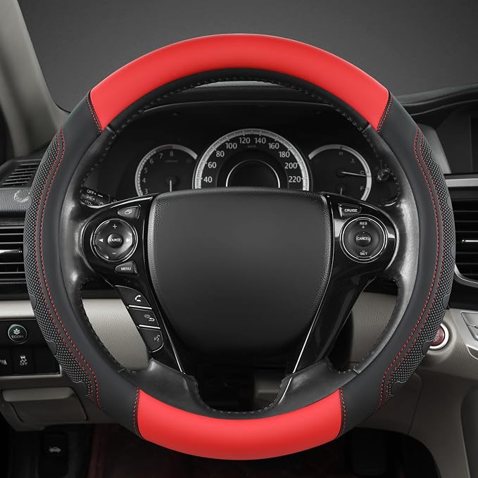 Microfiber Leather Steering Wheel Cover for Honda Accord,Civic,CR-V,HR-V,Pilot(Black+Red-Standard Size)