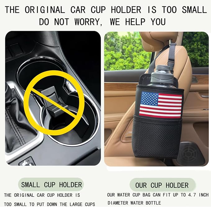 Large Car Cup Holder Expander, Fits Large 24/36/40/46oz Water Bottles, Big Drinks Holder Bag- Universal Auto Vehicle for Cars, SUV & Truck RV's Golf-carts (Black-US Flag)