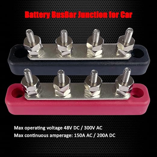 4 x #10 (M5) Studs Bus Bar, 4.2" Power/Ground Distribution Block Brass Battery BusBar Junction with Cover for Auto Boat Amplifier and More (Red & Black)