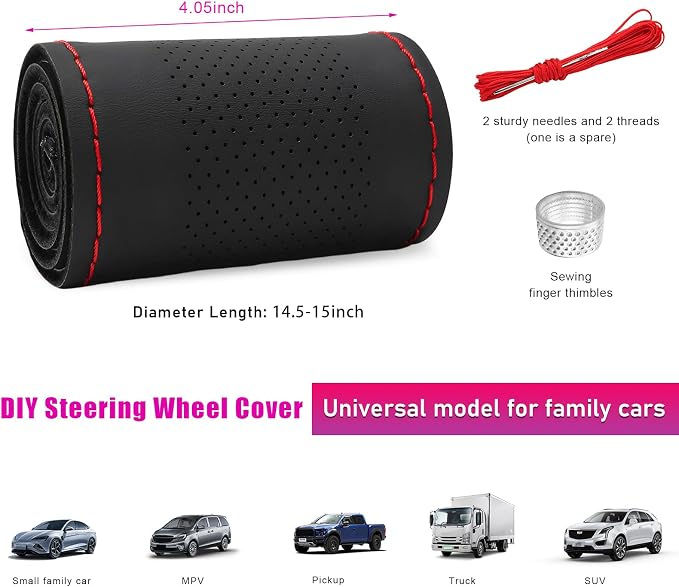 Genuine Leather Steering Wheel Cover, Stitch on Wrap, Breathable Anti-Slip Car Steering Wheel Protector for Max Diameter 15 Inch, DIY Sewing with Needles Thread (Black/Red Line, Middle Hole)