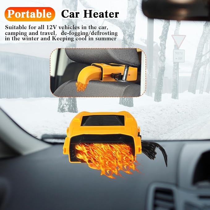 2 Pcs 12v 150w Car Heater for Vehicle Plugs into Cigarette Lighter with 360° Rotatable Base, 2 in 1 Portable Winter Windshield Defroster Electric Defogger Warmer for Car Suv Universal(Yellow)