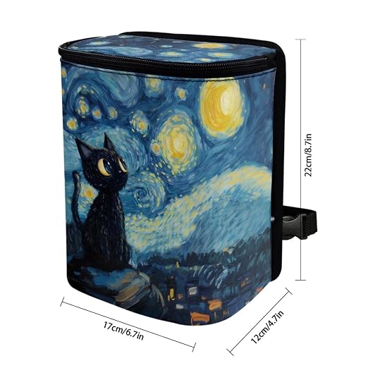 Cat Starry Night Print Car Trash Can with Lid, Leak Proof Auto Trash Bag Hanging Vehicle Garbage Can Multipurpose Storage Container for Back Seat Road Trip
