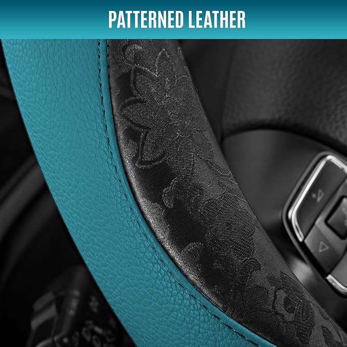 Steering Wheel Cover, Black Patterned & Blue Leather Patchwork Design, Universal Fit 14.5"–15.5", Anti-Slip, Odor-Free, Soft PU Grain Leather, Durable Grip Car Accessory for Girls & Women