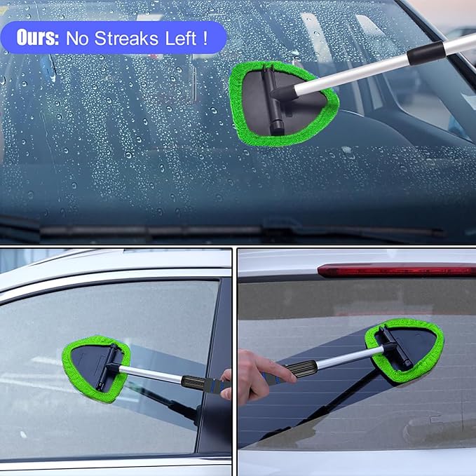 Windshield Cleaning Tool, Car Window Cleaner Windshield Cleaner with 4 Reusable and Washable Microfiber Pads and Extendable Handle Auto Inside Glass Wiper