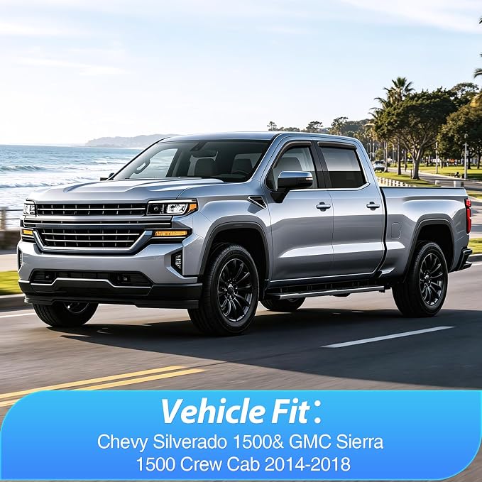 Tape-On Window Visors for Chevy Silverado 1500/GMC Sierra 1500 Crew Cab 2014-2018 Rain Guards Wind Deflectors Vent Shades, Smoke Sun Rain Guard, 4PCS