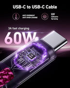 USB C to USB C Cable 60W [2Pack 3FT], USB C Fast Charging Cable for Car Durable Braided iPhone USB Type C Cable USBC to USBC Cord for iPhone 17/16/15/Pro Max/Plus, Samsung Galaxy S23 and More-Rose Red