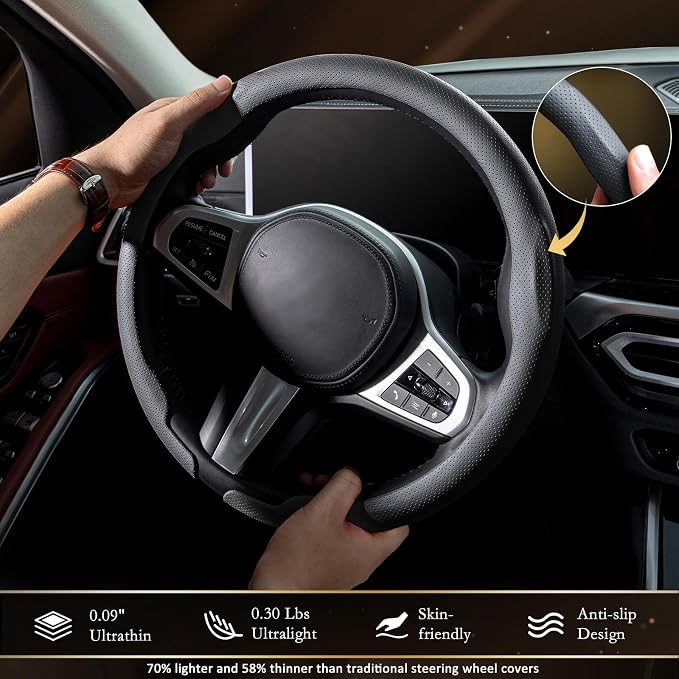 Car Steering Wheel Cover, Ultra-Thin Car Steering Wheel Cover,Comfortable & Breathable Microfiber,Universal Fit for Most Cars, Nappa Black