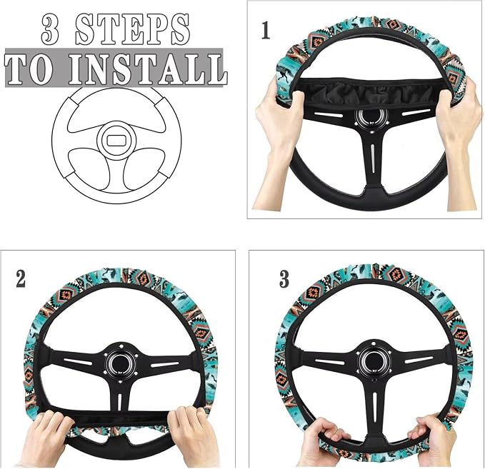 Car Steering Wheel Cover for Women Men, Soft Neoprene Stretchy Anti-Slip 15 Inch Steering Wheel Protector Universal Auto Decor, Aztec Geometric Horse Turquoise