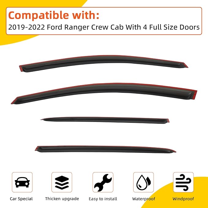 Window Visor Rain Guards Compatible with 2019-2022 Ford Ranger Crew Cab with 4 Full Size Doors Tape-On Vent Visors Wind Deflector for Truck Accessories