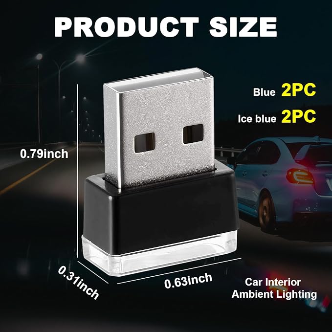 4 PCS USB LED Car Interior Atmosphere Lamp, Portable Mini LED Night Light, Plug-in USB Interface Trunk Ambient Lighting Kit, Universal Interior Accessories for Most Vehicles (Blue, Ice Blue)
