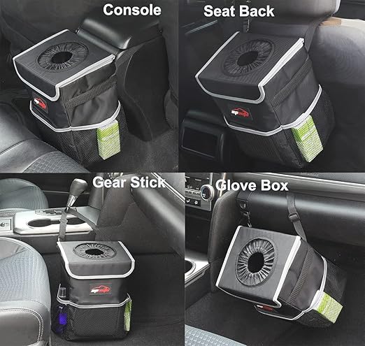 Waterproof Car Trash Can with Lid and Pockets, 2.5 Gal, Black | Leakproof, Collapsible Multipurpose Car Bin with 3 Side Storage Pockets, Adjustable Straps