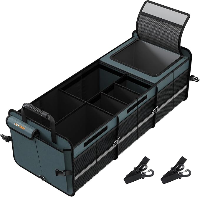 Large Trunk Organizer With Built-in Leakproof Cooler Bag, 2 Tie-Down Straps, 4 Removable Dividers, Foldable Cover, Built with 2mm PE Board, Gray