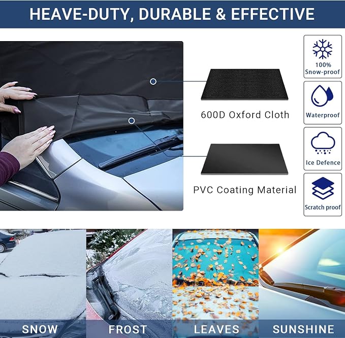 Windshield Cover for Ice and Snow, Car Windshield Snow Cover, Thicken Windshield Frost Cover Waterproof Windshield Snow Ice Cover with Large Mirrors Cover for Most SUVs Trucks (74"x 47")