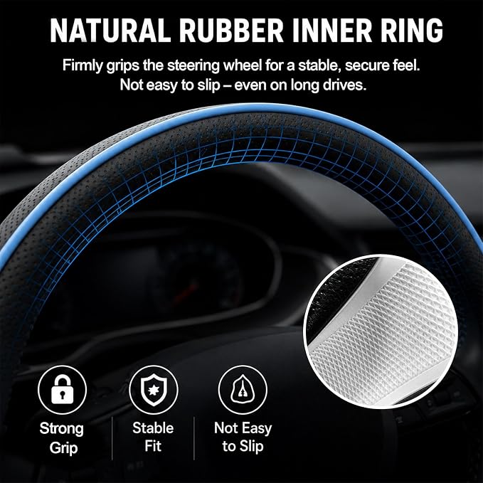 Car Steering Wheel Cover Full Surround - Soft Breathable Anti-Slip Heavyweight Safety Cover, Thick Cushioned Sports Style Universal Fit for Auto Truck SUV (Black/Sky Blue)
