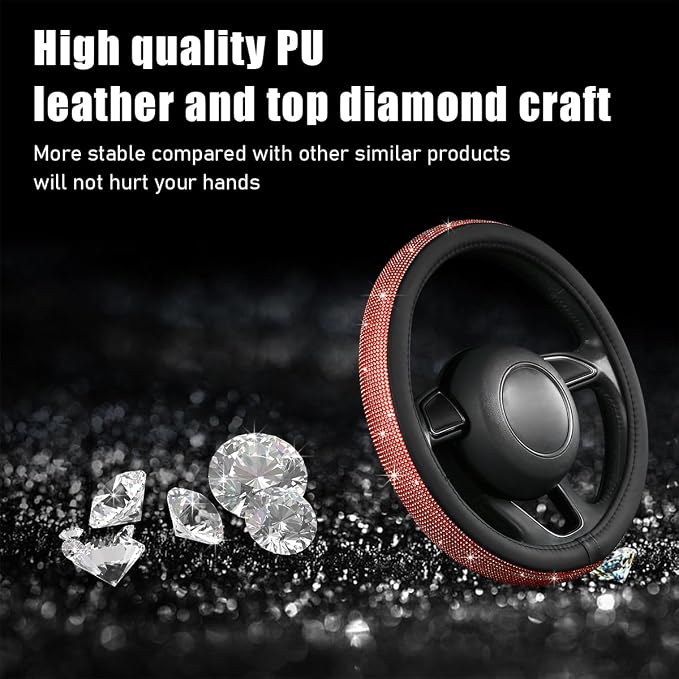 Steering Wheel Cover, Bling Crystal Rhinestones Auto Wheel Protector, Sparkly Cover Universal Fit Diverse 14.5-15 inch Steering Wheel, Interior Decor Car Accessories (Red)